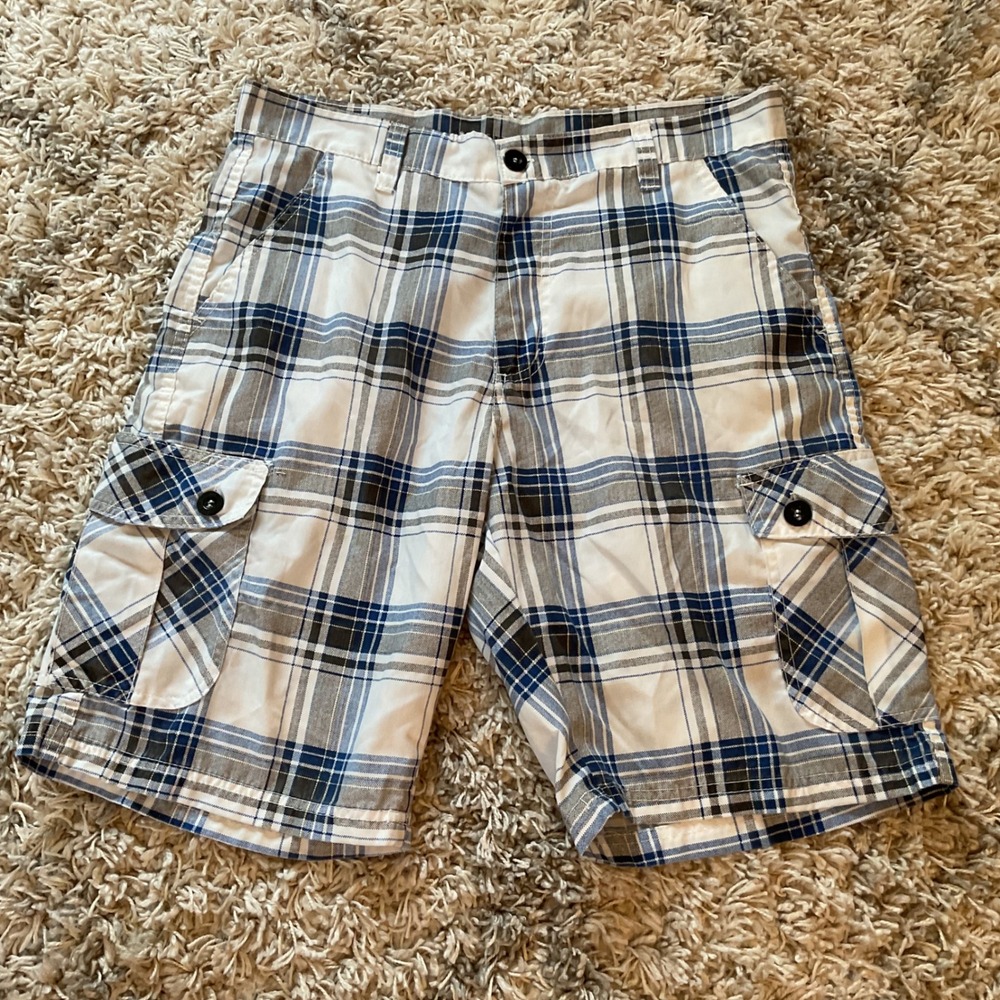 Blue Gear Mens Plaid Cargo Shorts Blue White Grey Size 32 Cotton Blend Casual